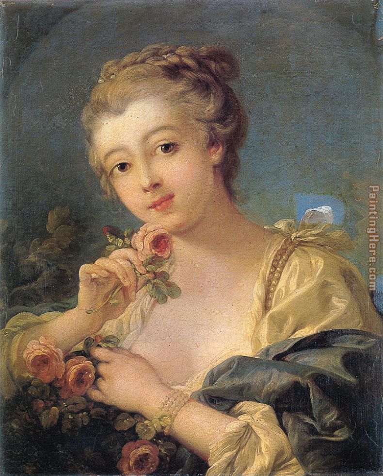 Young Woman with a Bouquet of Roses painting - Francois Boucher Young Woman with a Bouquet of Roses art painting